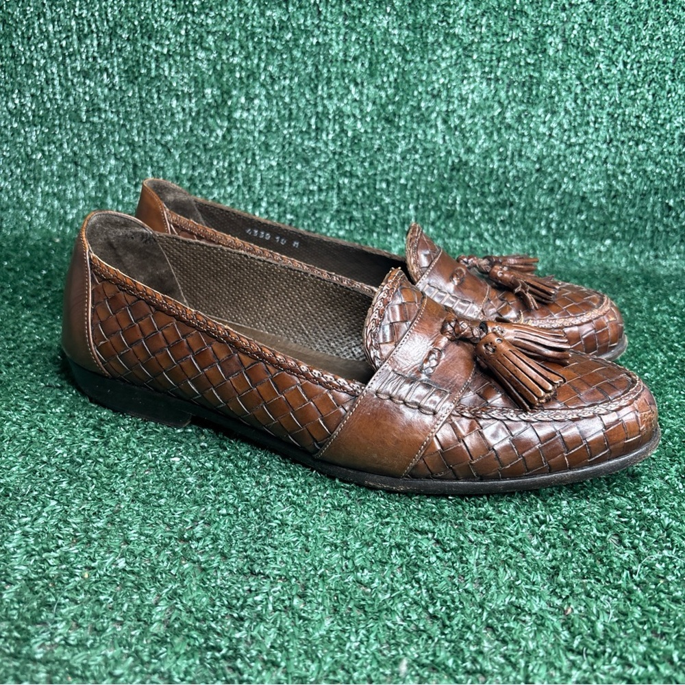 Bragano Cole Haan Shoes Mens 10 M Brown Woven Leather Tassel Loafers Italy